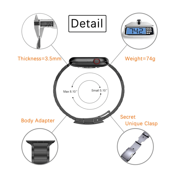 Titaani ranneke, metallihihna kilpikonnakiinnikkeellä, yhteensopiva Apple Watch Series 9/Ultra 2/SE/8/7/2023, 45mm/44mm/49mm, musta