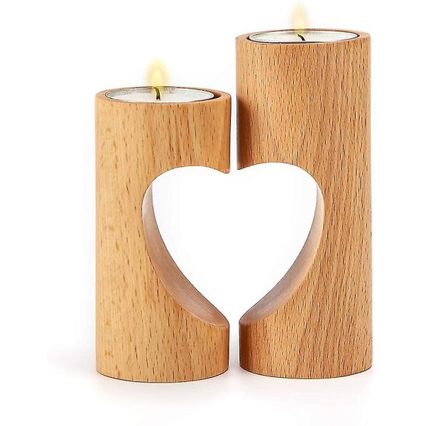 värmeljusstake, träljusstakar för bord, set med 2 kombinerade hjärtljus