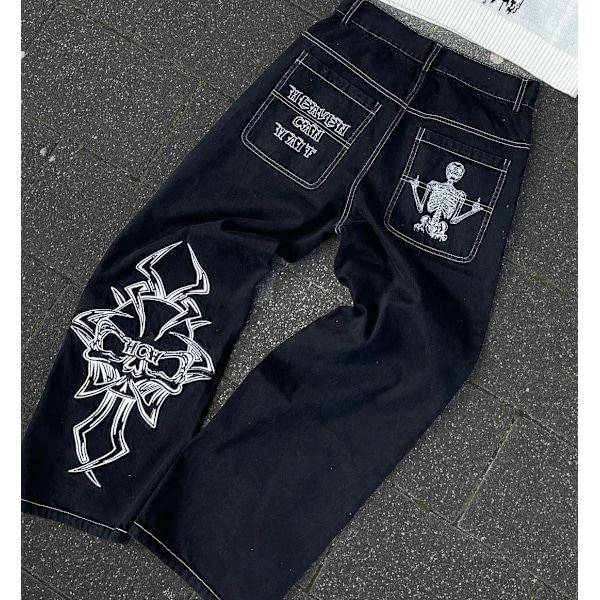 Y2k Jeans Mænd Hip Hop Retro Skull Broderi Vasket Baggy Denim Bukser Nye Lige Casual Løs Bred Ben Bukser Streetwear 2 S