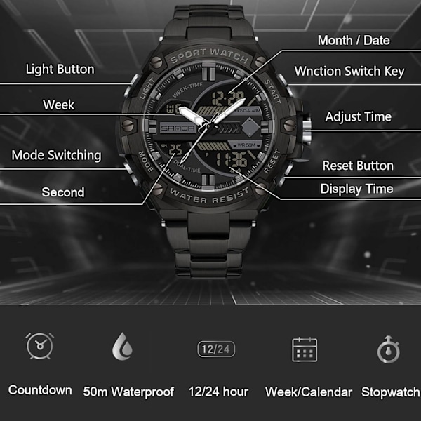 Mænds Dobbelt Display Ur 5 ATM Vandafvisende Digital Analog Militær Rustfrit Stål Sort B Black B
