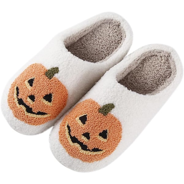 Halloween-tøfler for kvinner og menn, gresskar-tøfler, vinterplysjtøfler med prikker, varme, sklisikre tegneserie-hussko, morsomme Halloween-gaver A beige pumpkin 36/37 EU