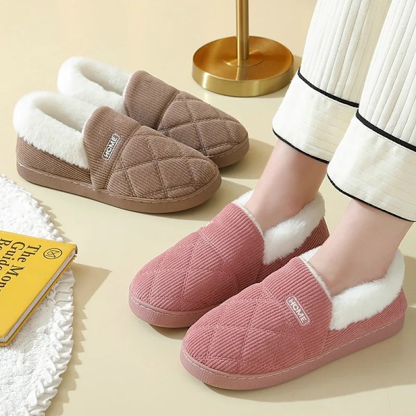Tjocka plattform lurviga tofflor Inomhus utomhus män bomullsskor unisex Håll varm sammet Plysch ankel snöstövlar kvinnor hem tofflor A-Pink 38-39