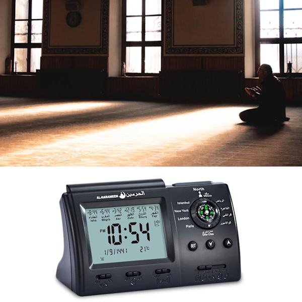 Multifunktionel ur med Adhan-alarm, Qibla-retning og LED-lys Rose gold