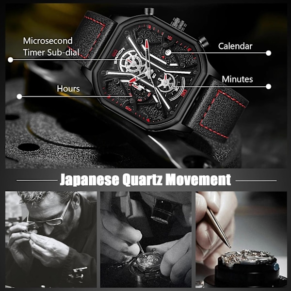 Herrar Business Rostfritt Stål Klocka Luminous Analog Armbandsur Multifunktionell Chronograf Klocka Mode Kvadratisk Klocka Svart Röd A Black Red A
