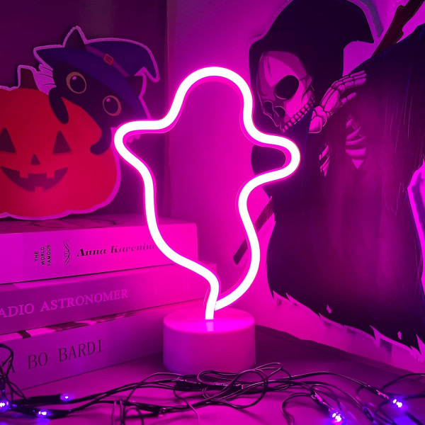 CQBB Halloween-dekoration Ghost Neonskylt med bas, Halloween LED Ghost Neonljusskylt, med batteri eller USB driven för Halloween-fest (rosa)