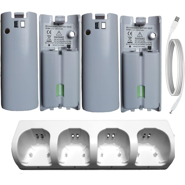 Wii-kontroll Laddningsstation, 4-i-1 Laddningsdocka med 4 st 2800mAh Uppladdningsbara Batteripaket för Wii/Wii U Spelkontroll Vit White