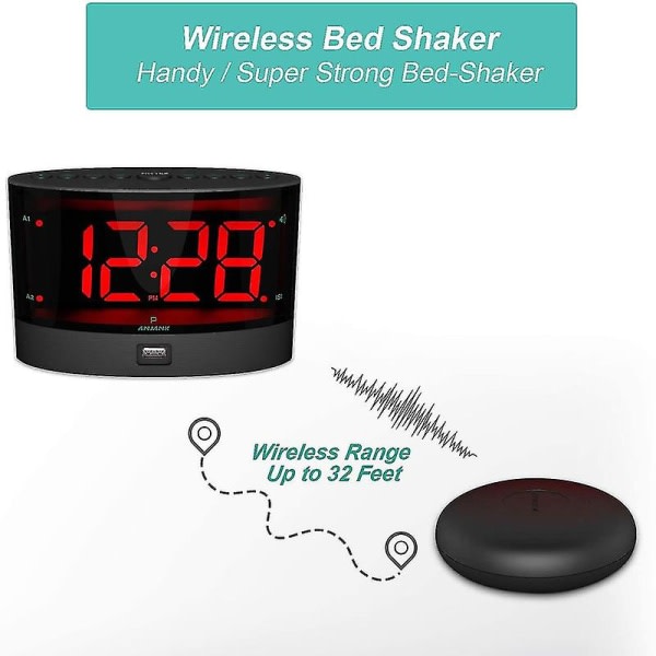 Hög väckarklocka med trådlös sängshaker, vibrerande dubbel väckarklocka för tunga sovande, döva och hörselskadade SQBB