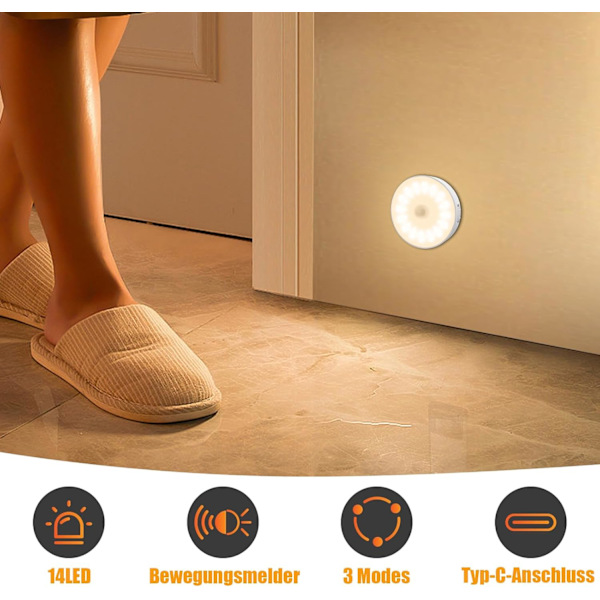 14 LED Genopladelig Natlampe, 6-pak, USB-kabel, 3000K Varmt Hvidt Warm White 6 pieces