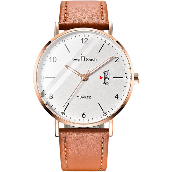 Herrarmbandsur Vattentätt Analog Kvartsur för Män Casual Luminous Watch Enkel Design Armbandsur Datumkalender Klockor, Vit Brun, L