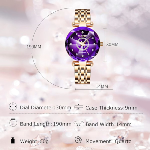 Klokker for kvinner Analogt kvartsur med rustfritt stålreim Vanntette dameklokker Mote Rhinestone armbåndsur for damer jenter Lilla Purple