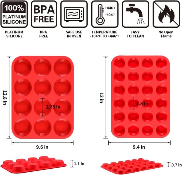 12 & 24-kops Silikon Muffinsform Sæt - Almindelig og Mini Non-Stick Bageforme, Rød Red * 1pc 2pcs:12-Cup Regular & 24-Cup Mini