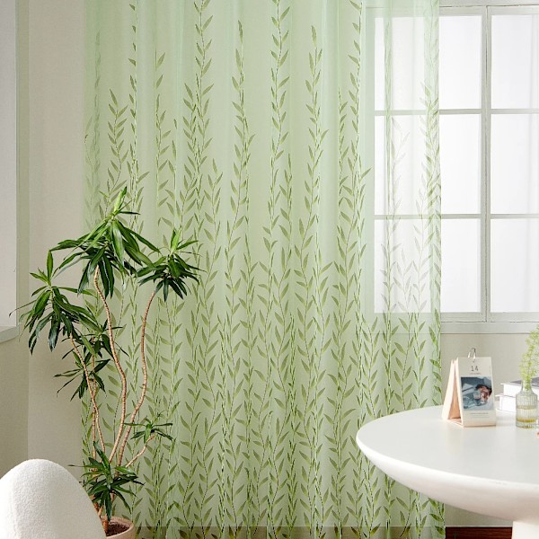 Leejoom Tulle Gardin Transparent Skärm Green Willow Leaf Gardin Offset Process Fönster Skärm Hem Inredning tulle curtain W100 XL200cm 1pc