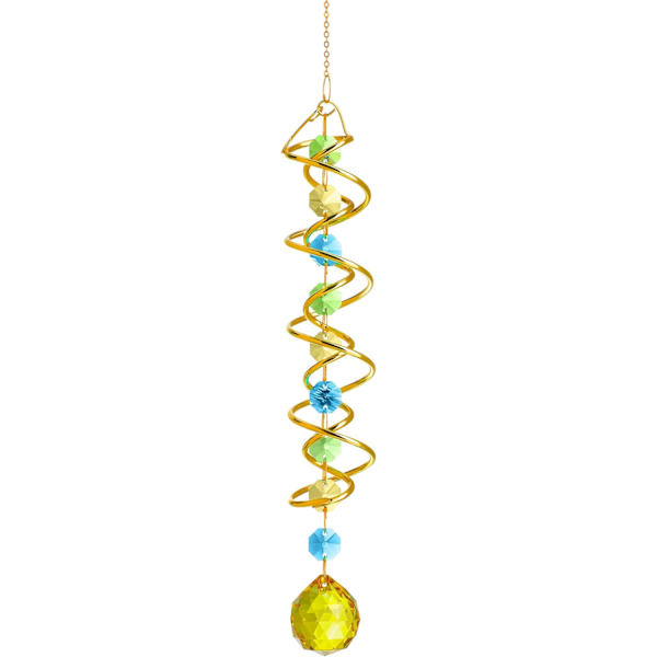 WJ123Glass Gazing Ball Spiraalipyörre Kristallikoristeellinen Tuulikello Aurinkosieppari, 45 cm Sateenkaarentekijä Kaksoisspiraali Keltaisella Kristallilla Yellow Ball Drop Prism
