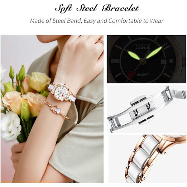 Damklocka i mode, multifunktionell analog kvarts, vattentät, elegant med diamanter, vit White