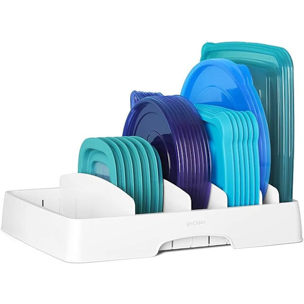 Matbehållare Lock Organizer, Stort justerbart plastlock Förvaring