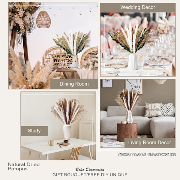Tørret Pampas Græs, 65 stk Tørret Blomsterbuket, Fluffy Naturlig Pampas Græs Dekoration Perfekt til Boho Bryllupsdekoration i Soveværelse og Vase