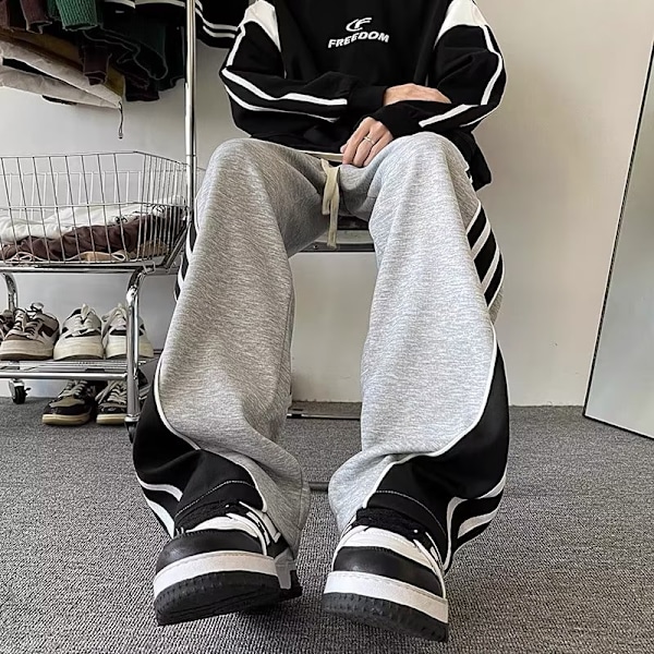 Sweatpants Mænd Efterår Og Vinter Høj Gade Amerikansk Mode Mærke Stribet Syning Sport Bukser Løs Lige Bred Ben Casual Casuale Bukser Grå L