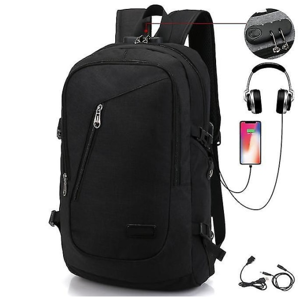 Stöldskyddad bärbar ryggsäck, affärsreseryggsäck med USB-laddningsportlås, vattentät college school-datorryggsäck Arbetsryggsäck Mäns kvinna，svart