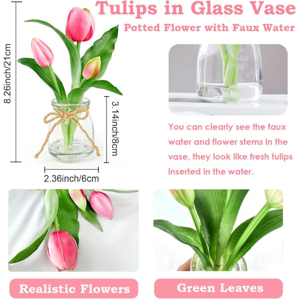 Ægte Touch Pink Tulipaner i Glasvase med Kunstig Vand, Lille Blomsterarrangement til Hjemmedekor Dark Pink
