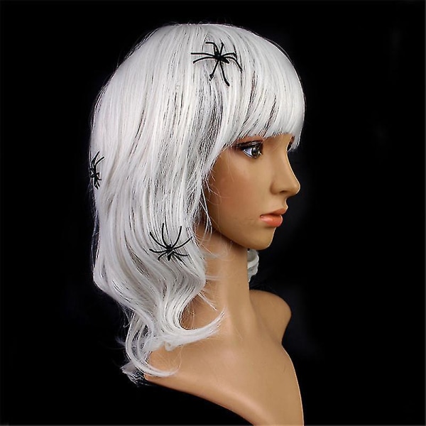 Kort vit peruk med spindel axellängd lockigt kort vågig sidodel för kvinnor Färgad kul Halloween cosplay Bob peruk