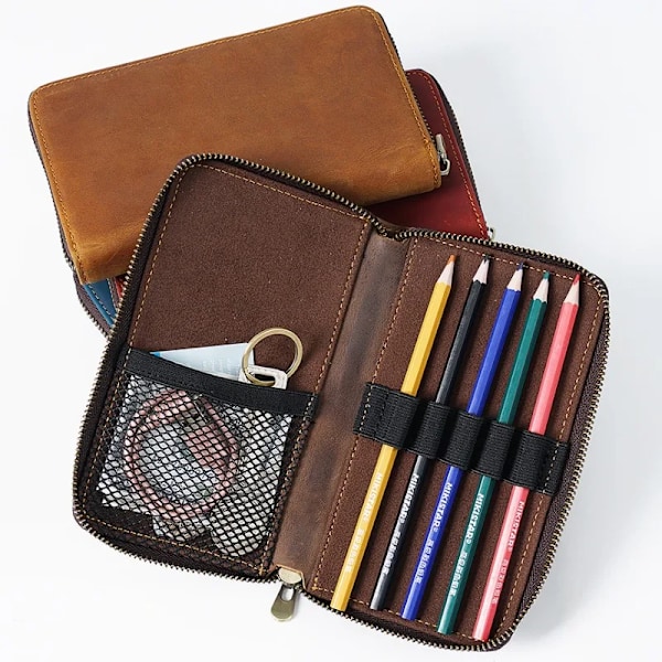 Bärbar Crazy Horse Läder Blixtlås Pennfodral Retro Pennpung Skola Studenter Cowhide Papper Väska Med 5 Pennfack Grossist Kaffe