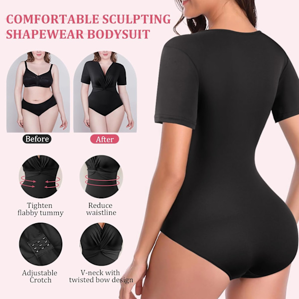 Bodystocking til kvinder med korte ærmer, Bodystocking til damer, Sculpting Bodystocking til kvinder med sløjfe, V-hals Bodystocking, Sexy Bodystocking, Stretch T-shirt XL