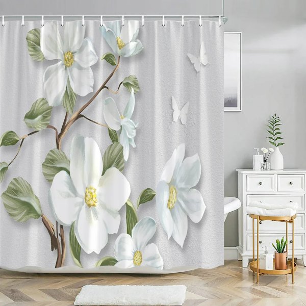 Elegantti ja tyylikäs fantasiahelmi- ja timantti-kimppu 3D-tyyli suihkuverho ja kylpymattosetti Koti kylpyhuoneen sisustus 3138SD -verho W200xH180cm
