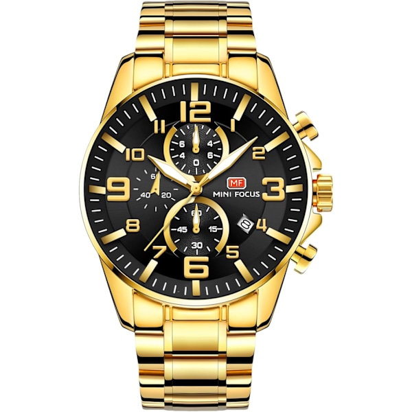 Men's Golden Watch Stainless Steel Business Watch Multifunctional Chronograph Watch Analog Quartz Men's Watches Luminous Date Calendar Watches Black