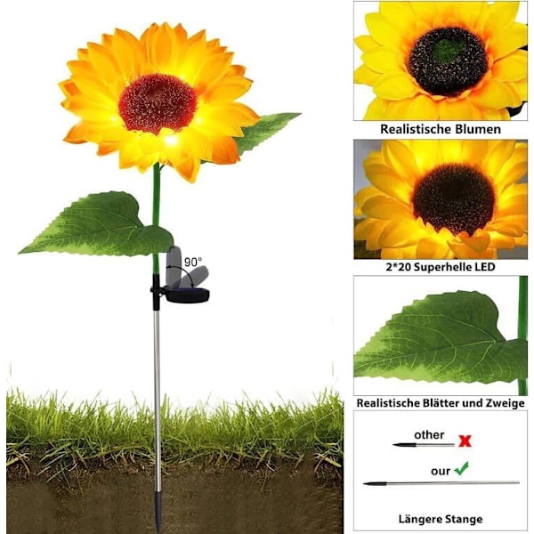 Set med 2 solcellelamper for utendørsdekorasjon Blomster Hage - Vanntett - Solsikke for terrasse, plen [Energiklasse A++]