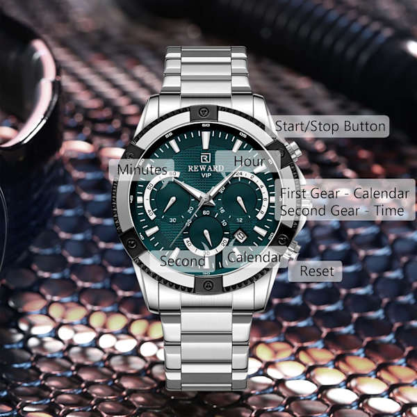 Forretningsklokker for menn multifunksjonell kvarts armbåndsur enkel rustfritt stål klokke lysende analog herreklokke med grønn Green