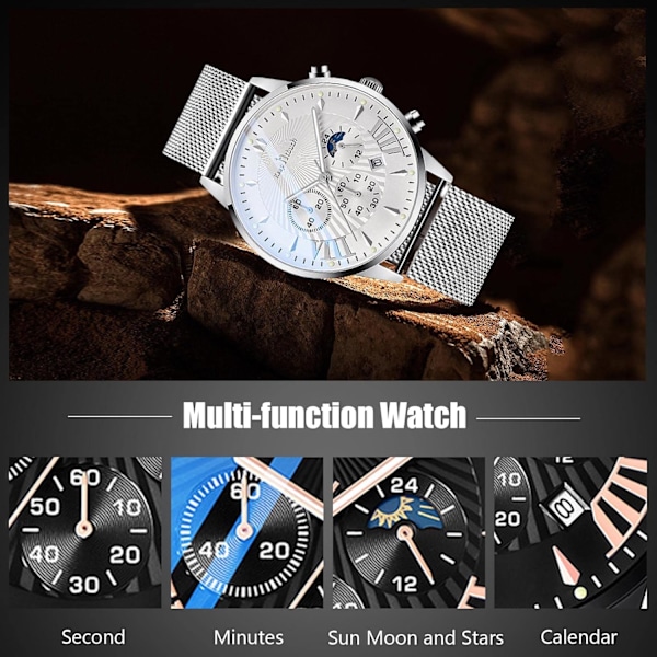 Monitoiminen miesten kello Business Analog Quartz Watch Sports Chronograph Rannekello 3ATM Luminoiva kello, Valkoinen Hopea B, L