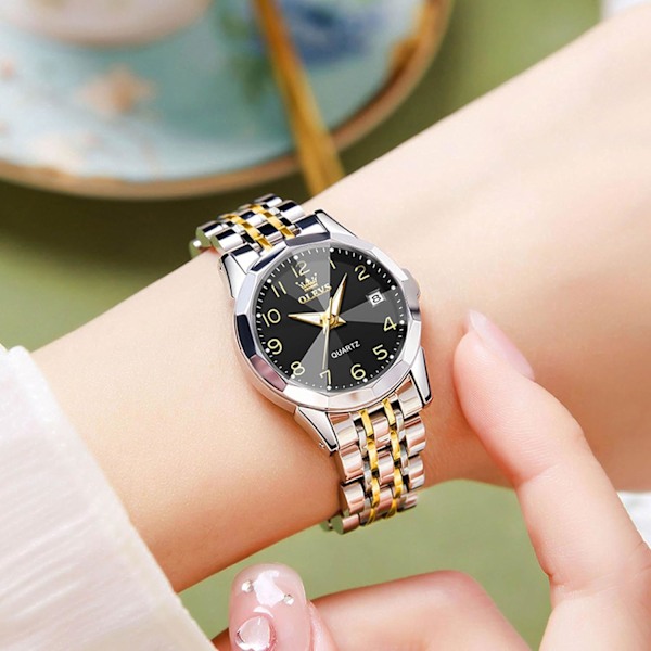 Damklassisk Armbandsur i Rostfritt Stål Elegant Analog Kvartsur Damklocka Vattentät Klocka Luminous Datum Kalender Klocka Svart Black