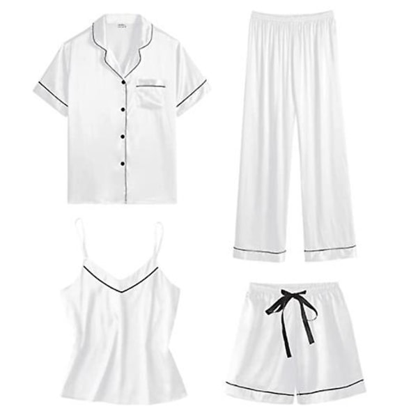 Dame 4-delt pyjamassæt, silke satin natkjole sexet cami Hvid White XL