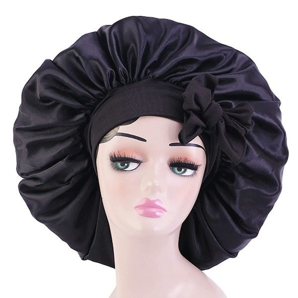 Satin Bonnet - Anti-Slip Bonnet, Silk Bonnet Jumbo Storlek med stretchig slips (svart)