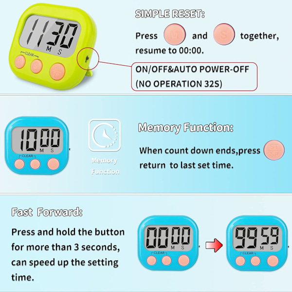2-pakks Klasserom Timere for Barn - Stor Magnetisk Digital Timer - Blå/Grønn Blue Green 1