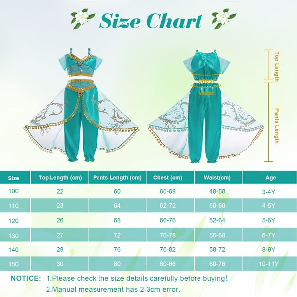 Jasmine Prinsessdräkt, Maskeraddräkt med Peruk för Flickors Cosplay & Födelsedagsfester 100CM