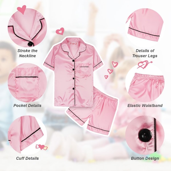 Barn Silke Satin Pyjamas, 2-delt Kortsermet PJs Sett for Gutter & Jenter, Myk Nattøy