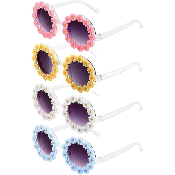 Söta Daisy Round Solglasögon Uv400 Unisex Mirror Solglasögon paket med 4, blå, gul, rosa, vit