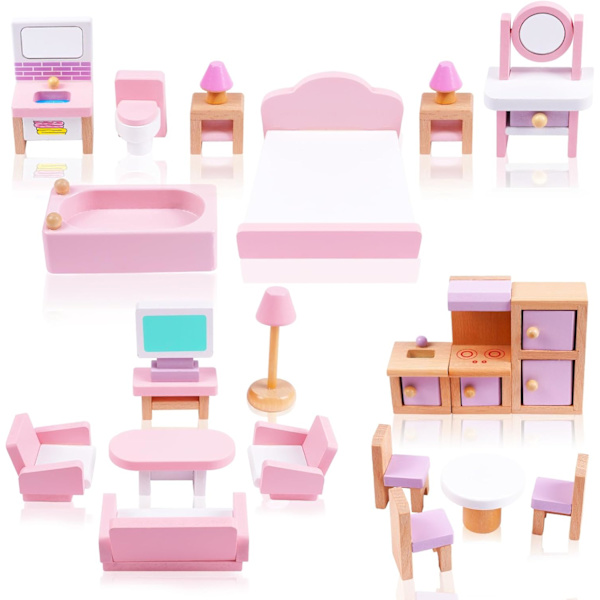 Puinen Nukkekodin Kalusteet, 20 Kpl 8 Perheen Nukkeilla & Lemmikillä, Lapsille pink