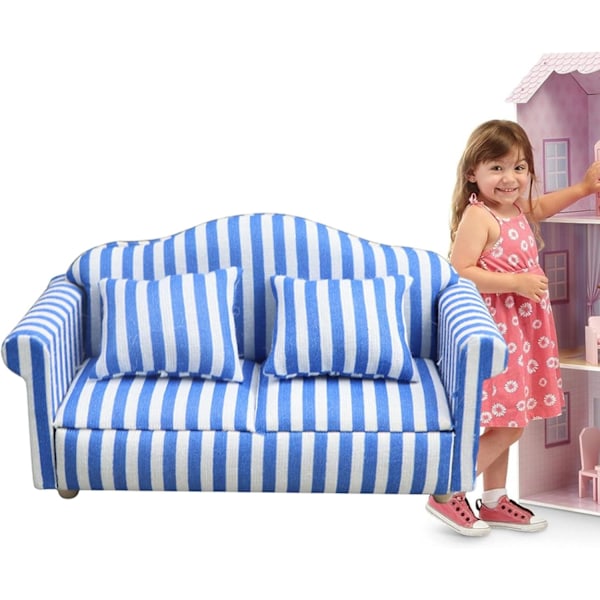 Nukkekotisohva tyynyllä - 1:12 mittakaavan miniatyyri punainen ja valkoinen raidallinen huonekalu lapsille Blue double sofa