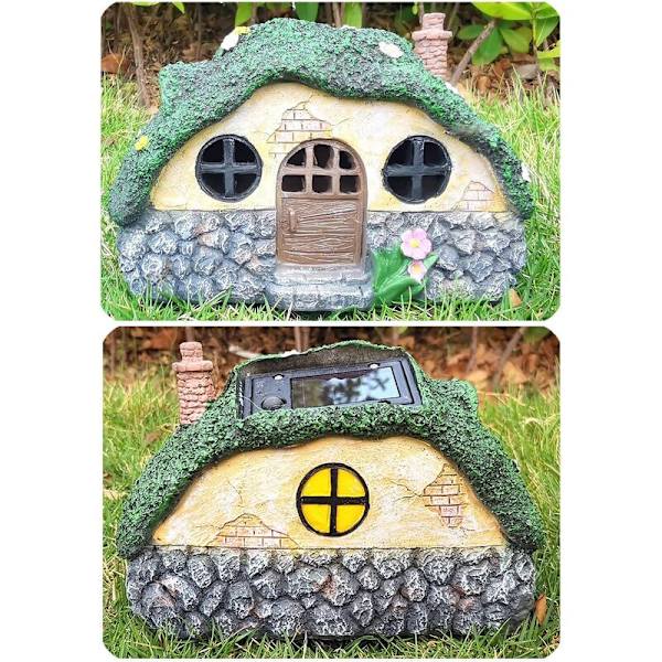 Fairy Garden Staty House Figurine, Vackert hus med öppen spis med LED-lampor för inomhus utomhus uteplats Trädgård gräsmatta