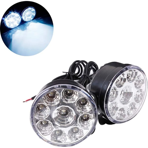 2-pack 12V 4,5W vita runda varselljus för bil Universal Round-9LED dimljus