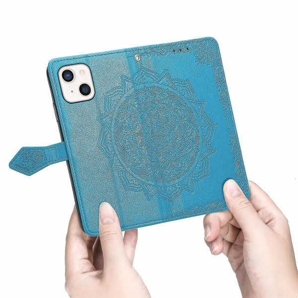 SQBB Kompatibel med Iphone 13 Case Cover Emboss Mandala Magnetic Flip Protection Stötsäker - Blå null ingen