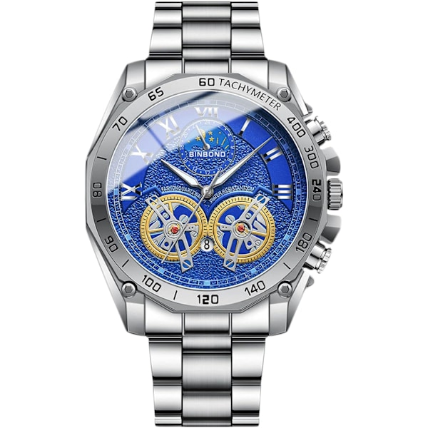 Men's Quartz Wristwatch Leisure Stainless Steel Watches Fashion Analog Watch Luminous Date Calendar Men's Watch White Blue