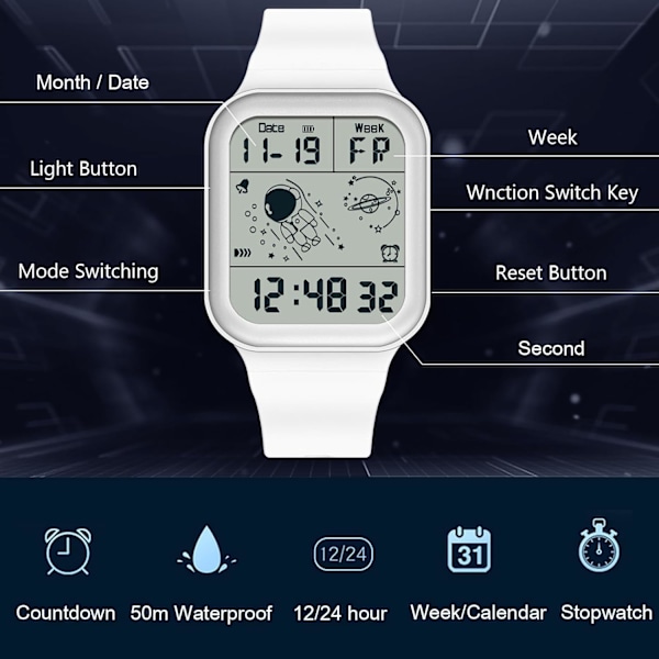 Herrar Kvadratiska Klockor Multifunktionell Elektronisk Armbandsur 50m Vattentät Klocka Fritids Digital Klocka för Män med Gummiband Vit White