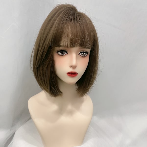 Bobo Kort Hår Peruk Hög Temperatur Dämpad Silk Kort Hår Perik Air Bangs Fullhuvud Peruk Koreansk Stil I Spänne Kort Rak Hår Milk Tea Sandy Gold