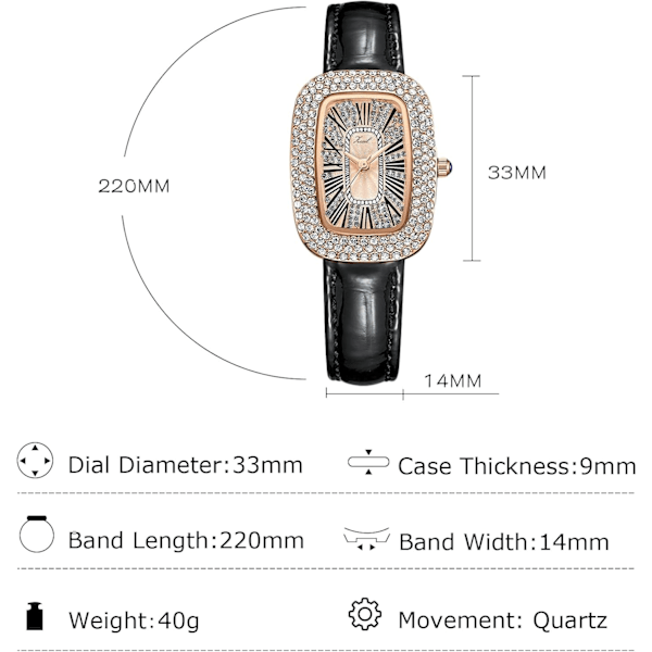 Naisten timanttikello Analog Quartz Rhinestone rannekello Naisten elegantti kello Nahkainen ranneke Vedenkestävä kello Musta Black