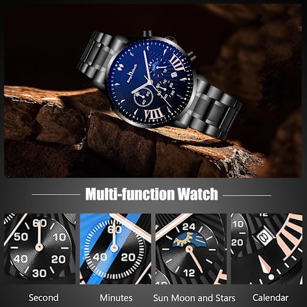 Monitoiminen miesten kello Business Analog Quartz Watch Sports Chronograph Rannekello 3ATM Luminoiva kello, Musta C, L, Ranneke