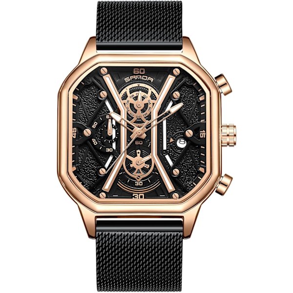 Mænds forretningsur i rustfrit stål, lysende analogt armbåndsur, multifunktionelt kronografur, trendy firkantet ur, sort guld B Black gold B