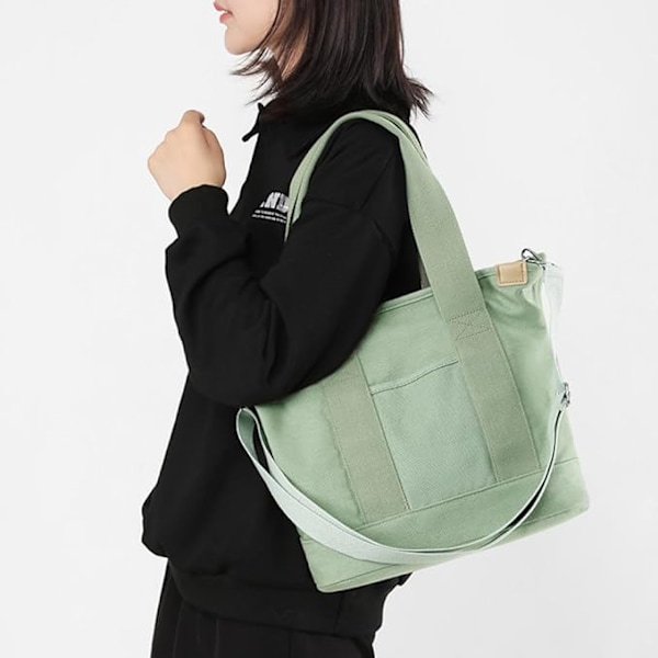 Håndveske i canvas, tote bag dame skulderveske dame, canvas tote bag skulderveske shopper med glidelås for hverdagsbruk, skole, shopping, arbeid, reise Vit